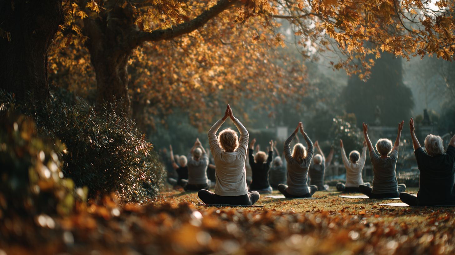 Група людей старшого віку практикує йогу на природі